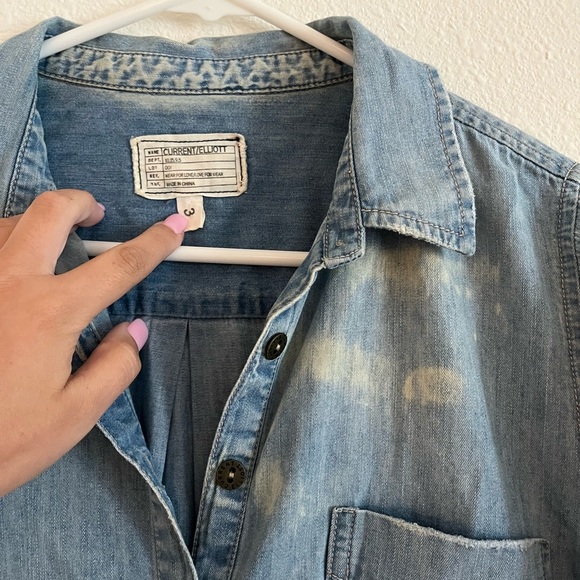 Current/Elliott The Popover Chambray Short Sleeve Denim Button Down Shirt 3 - Picture 5 of 6